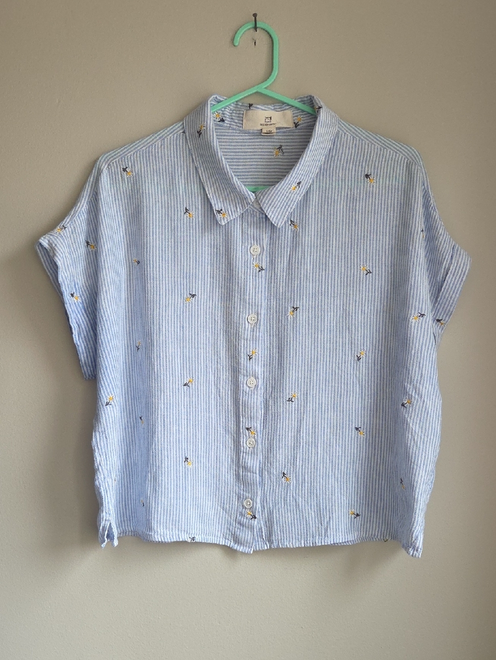 Daisies Stripes EUC Short Sleeve Cropped Rayon Linen Thread & Supply L